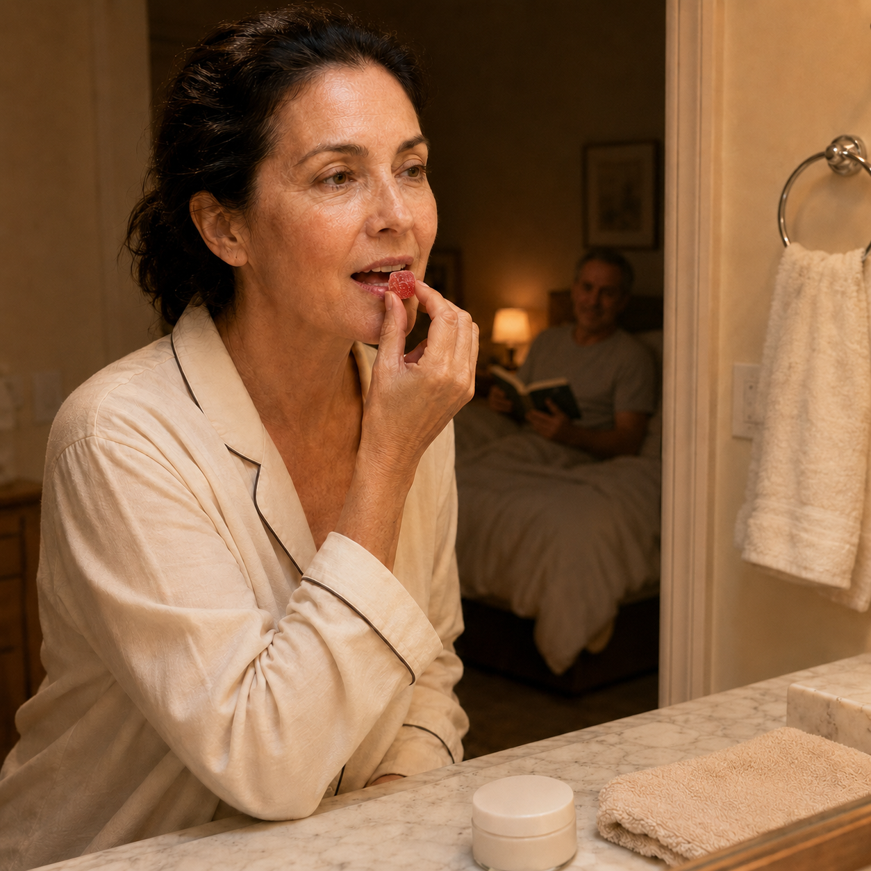 Woman taking one Daily Crave Cube during her evening routine