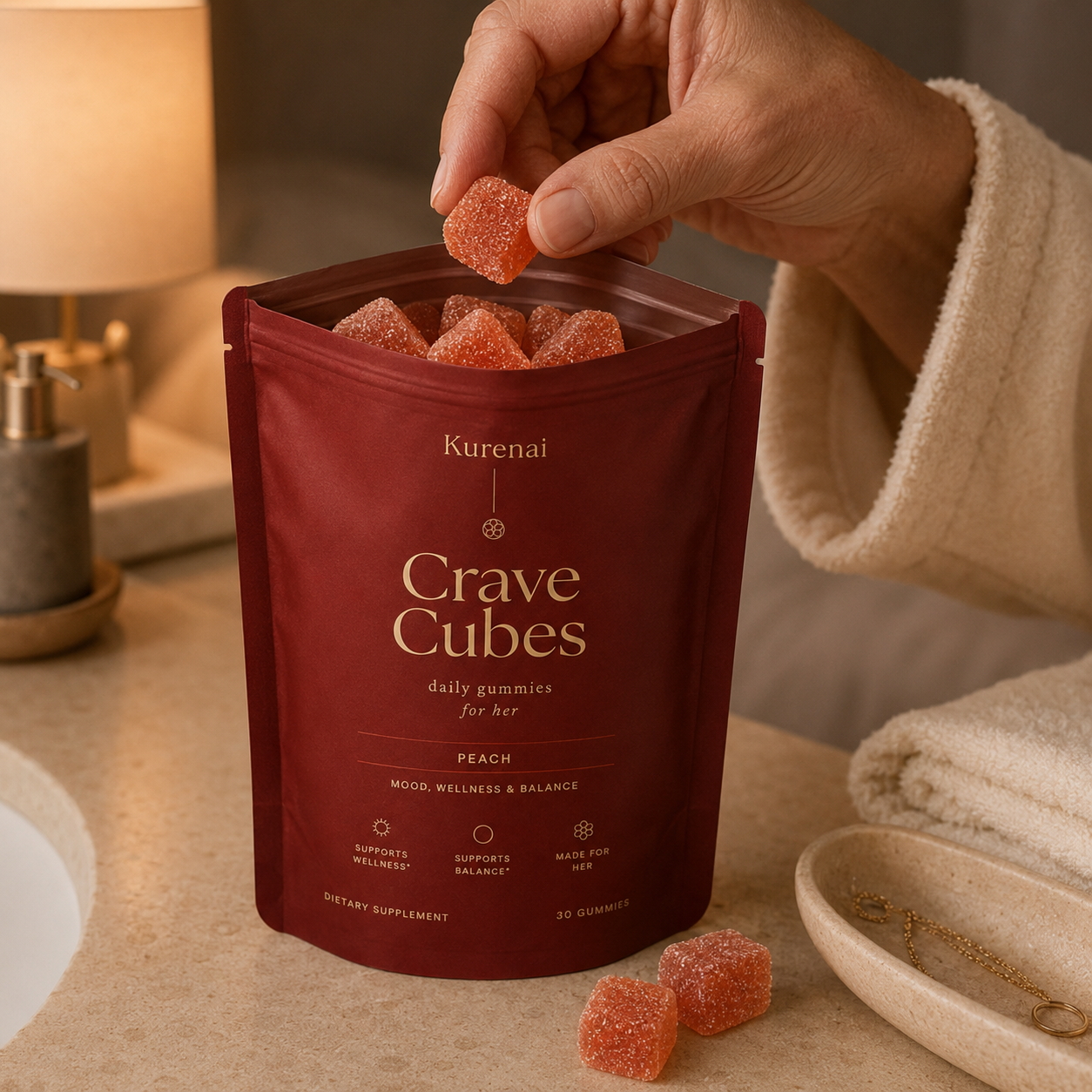 Open pouch of peach-colored Daily Crave Cubes