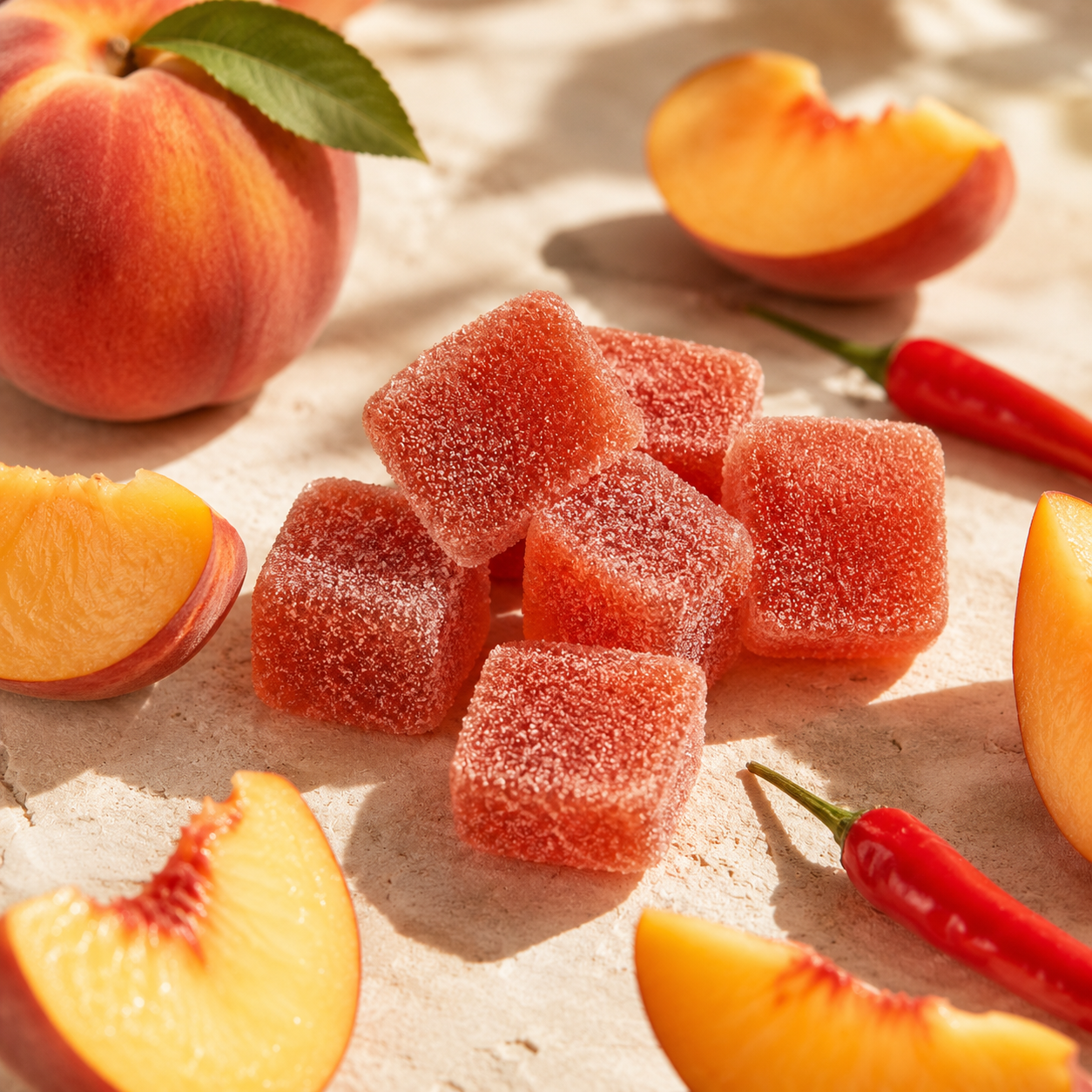 Daily Crave Cubes surrounded by fresh peaches and red chili peppers